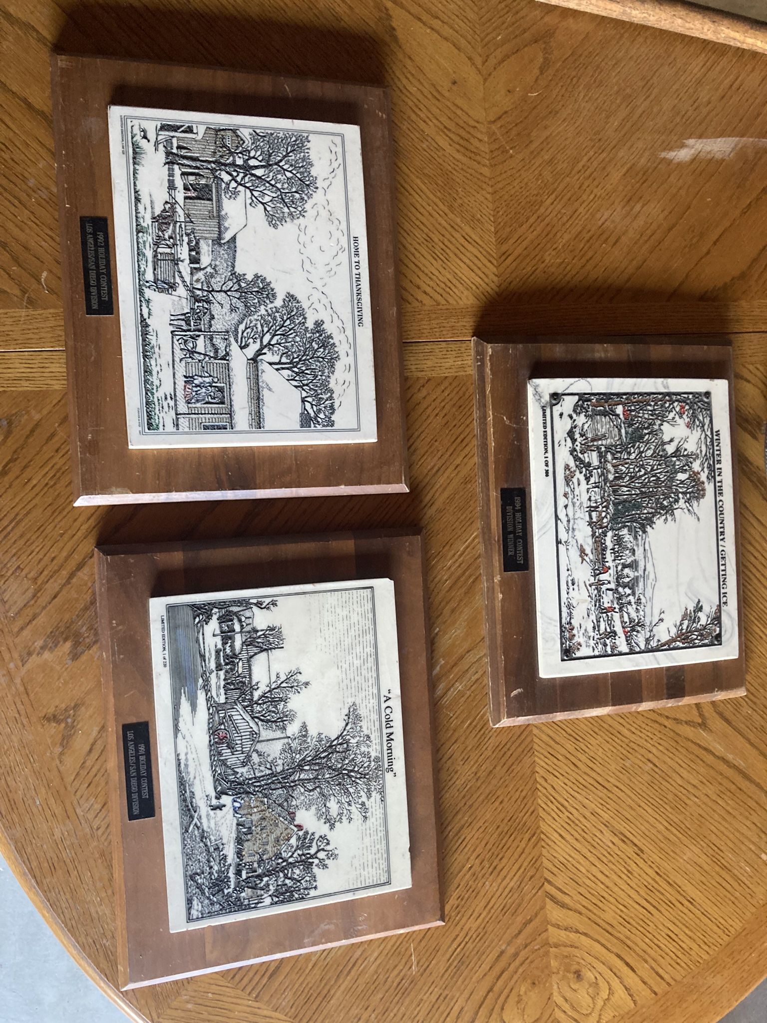 RARE Currier & Ives Home To Thanksgiving Tile on Wood