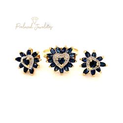 14k Heart Shaped Blue Sapphires And Diamonds Ring And Stud Set
