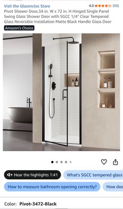 Shower Door,34 in. W x 72 in. H Hinged Single Panel Swing Glass Shower Door with SGCC 1/4" Clear Tempered Glass Reversible Installation Matte Black Ha