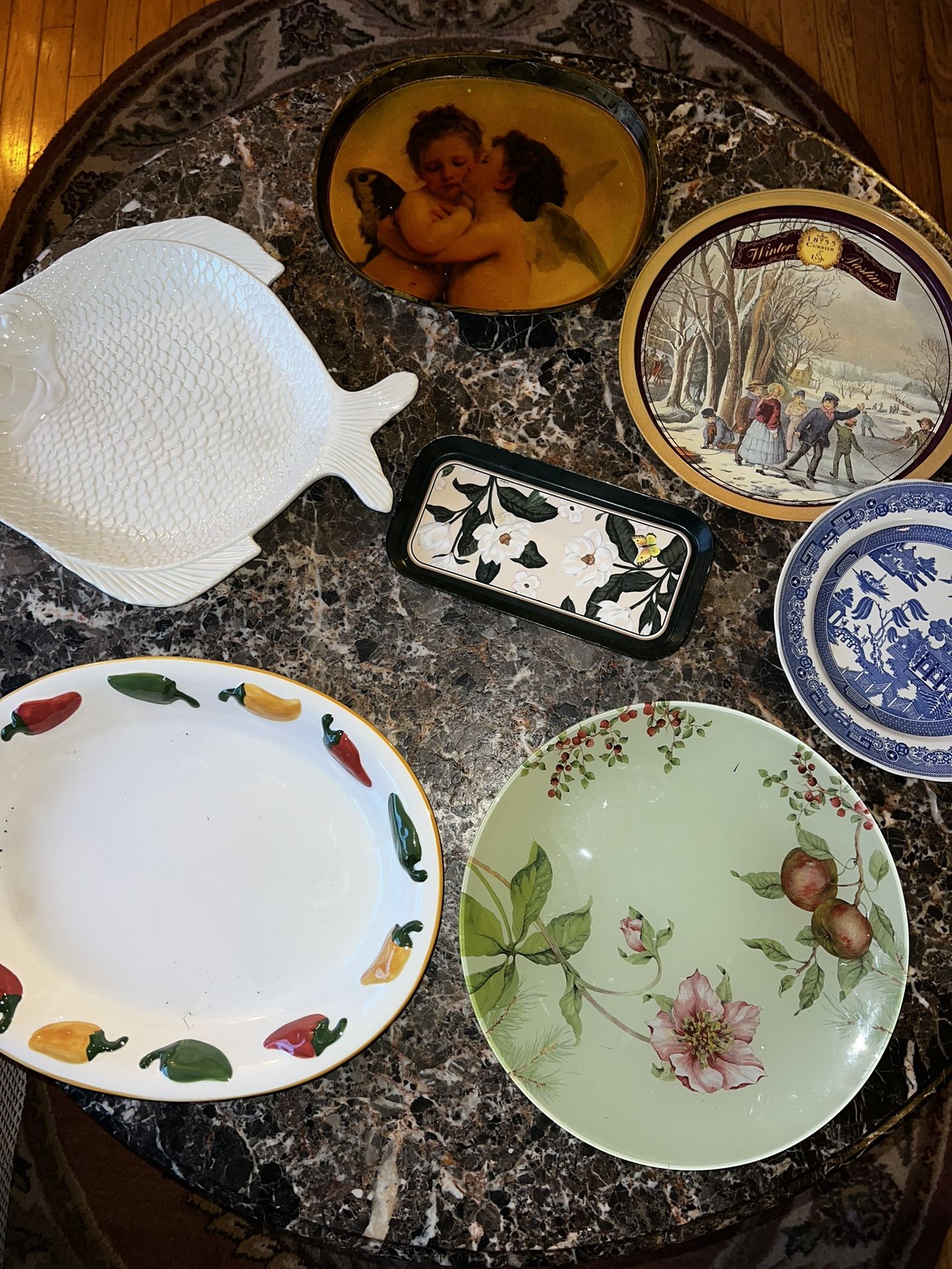 Lot of various food serving trays servers platters