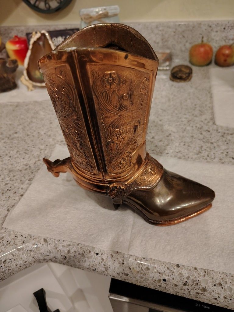Vintage Copper Cowboy Boot Vase/Planter/Door Stop
