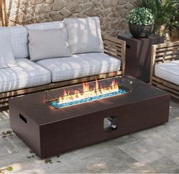 56-inch Outdoor Propane Gas Fire Pit Table 50000 BTU Iron Rectangle Firepit for Outside Patio with Tank Hidden Table, Wind Guard, Removable Lid, Blue