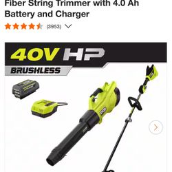 RYOBI 40V HP Brushless 600 CFM 155 MPH Cordless Leaf Blower and Carbon Fiber String Trimmer with 4.0 Ah Battery and Charger