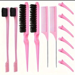 12pcs Hair Styling Brush Set, Nylon Teasing Hair Brush, Double Sided Hair Edge Brush, Rat Tail Comb, Fluffy Hair Styling Tools, Hair Clips
