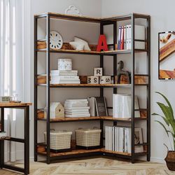Industrial Bookshelves 5 Tiers Corner Bookcases with Baffles Etagere Shelf Storage Rack with Metal Frame for Living Room Home Office