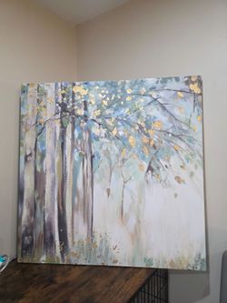 Large Forest Canvas Wall Art with Gold Accents