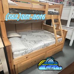 Twin Full Trundle Natural Bunk Bed With Mattresses Colchones Nuevo