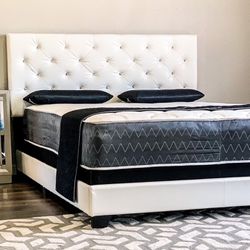Brand New White Full Size Diamond Tuffed Leather Bed Frame With New Plush Mattress 