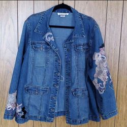 Vintage Silhouette Denim Jean Jacket Floral Embroidery Wmns 16