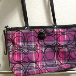 Coach Tartan Plaid Poppy Handbag Purse Mini Tote Purple Pink Black Leather & Canvas