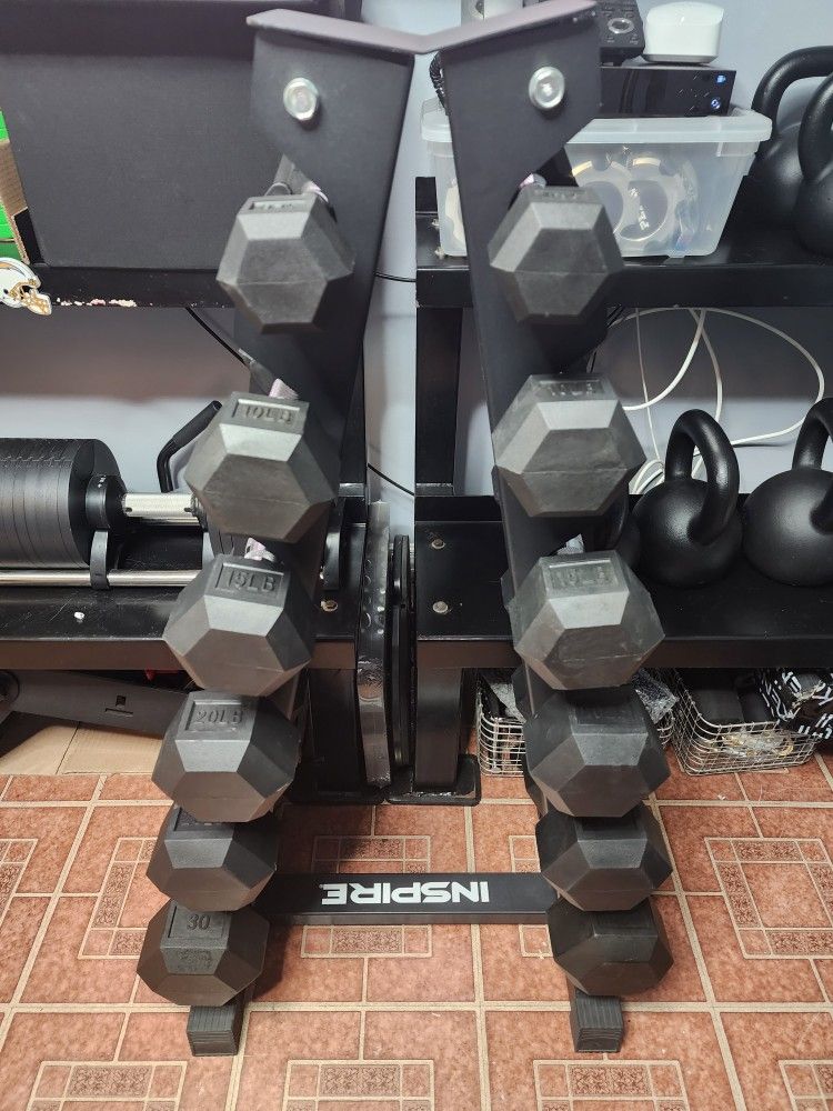 Inspire Fitness 210lb PVC Hex Dumbbell Set with A-frame Rack