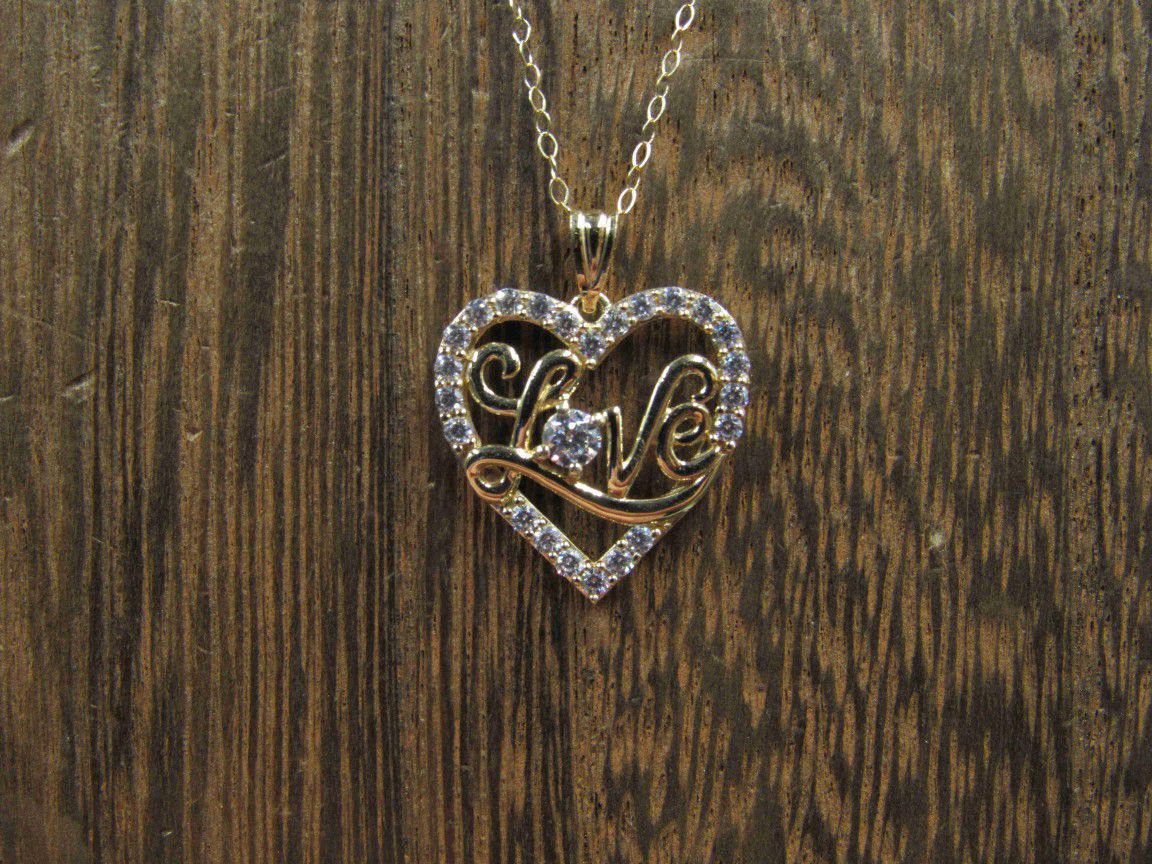 18" 10K Gold Clear Cubic Zirconia Heart Love Necklace Vintage Estate Wedding Engagement Anniversary Gift Idea Beautiful Elegant Unique Love
