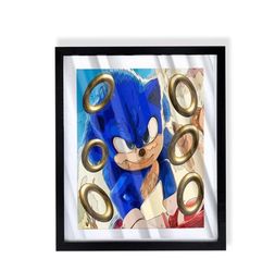 sonic the Hedgehog with rings custom art on black frame