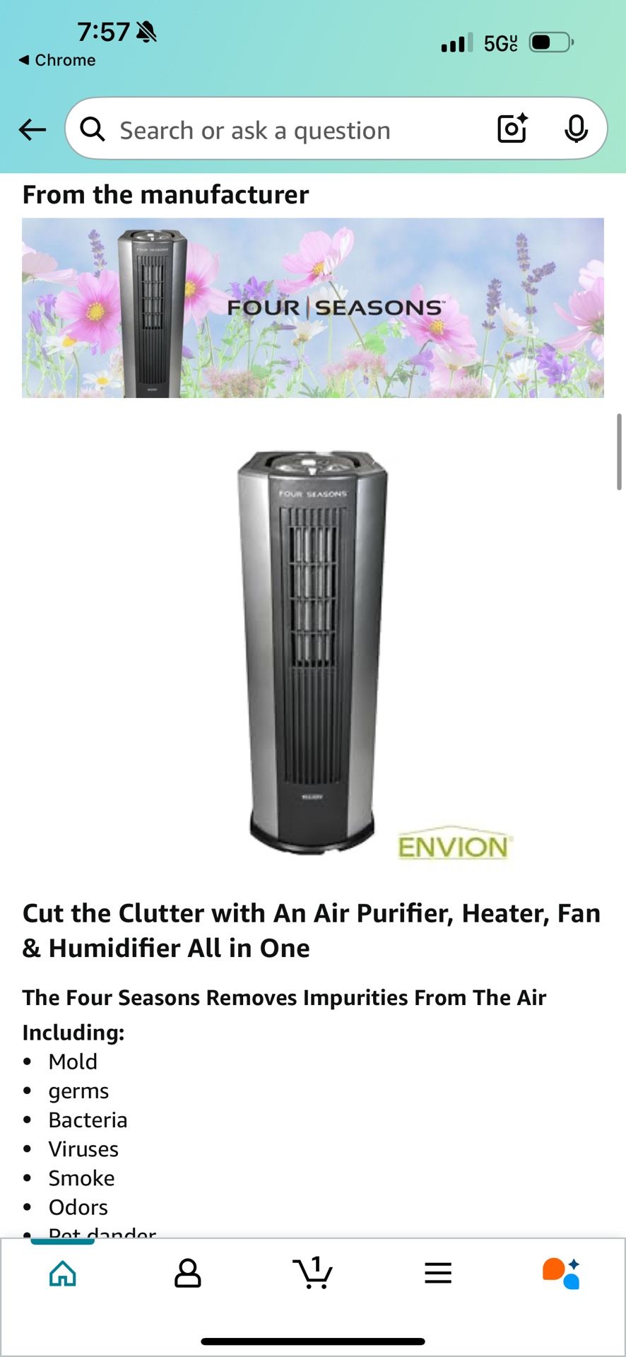 Envion by Boneco – Four Seasons FS200-4in1 Air Purifier, Heater, Fan & Humidifier – Multiple Function with True HEPA Air Purification - Removes Odors,