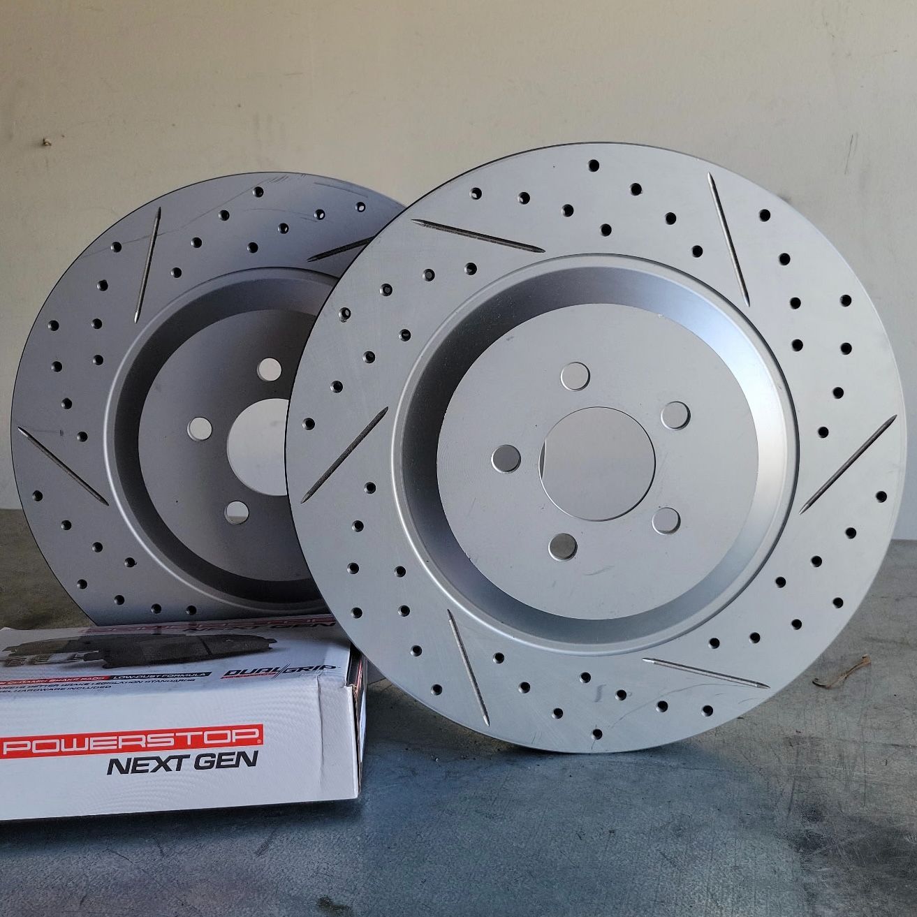 Front Brake Rotor Pair Drilled & Slotted Silver Geomet Coated for 2021 Dodge Charger SRT Hellcat + Brake Pads