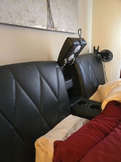 Black Faux Leather Headboard with Speakers and Cup Holders