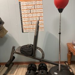 Gym Equipment (Bench + Weights + Punching bag + Small duffel bag + Lifting Belt)