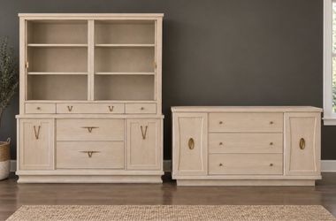 Matching Set, Vintage 1950s MCM Stanley Hutch (Original Glass Doors)& Credenza