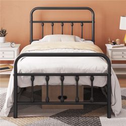 Twin Size Metal Platform Bed Frame with High Headboard and Footboard, All Ages, Black