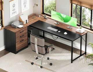 61 Inch L-Shaped Executive Office Desk with Lockable File Cabinet & Power Outlets – Reversible
