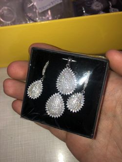 $1295- Ladies 14k White Gold Finished Silver 3 PC Set Ring, Earrings, Pendant