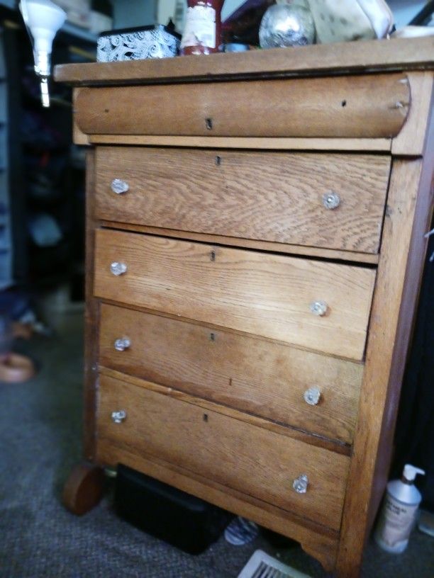 Antique Handmade Wood Dresser With Crystal Knobs