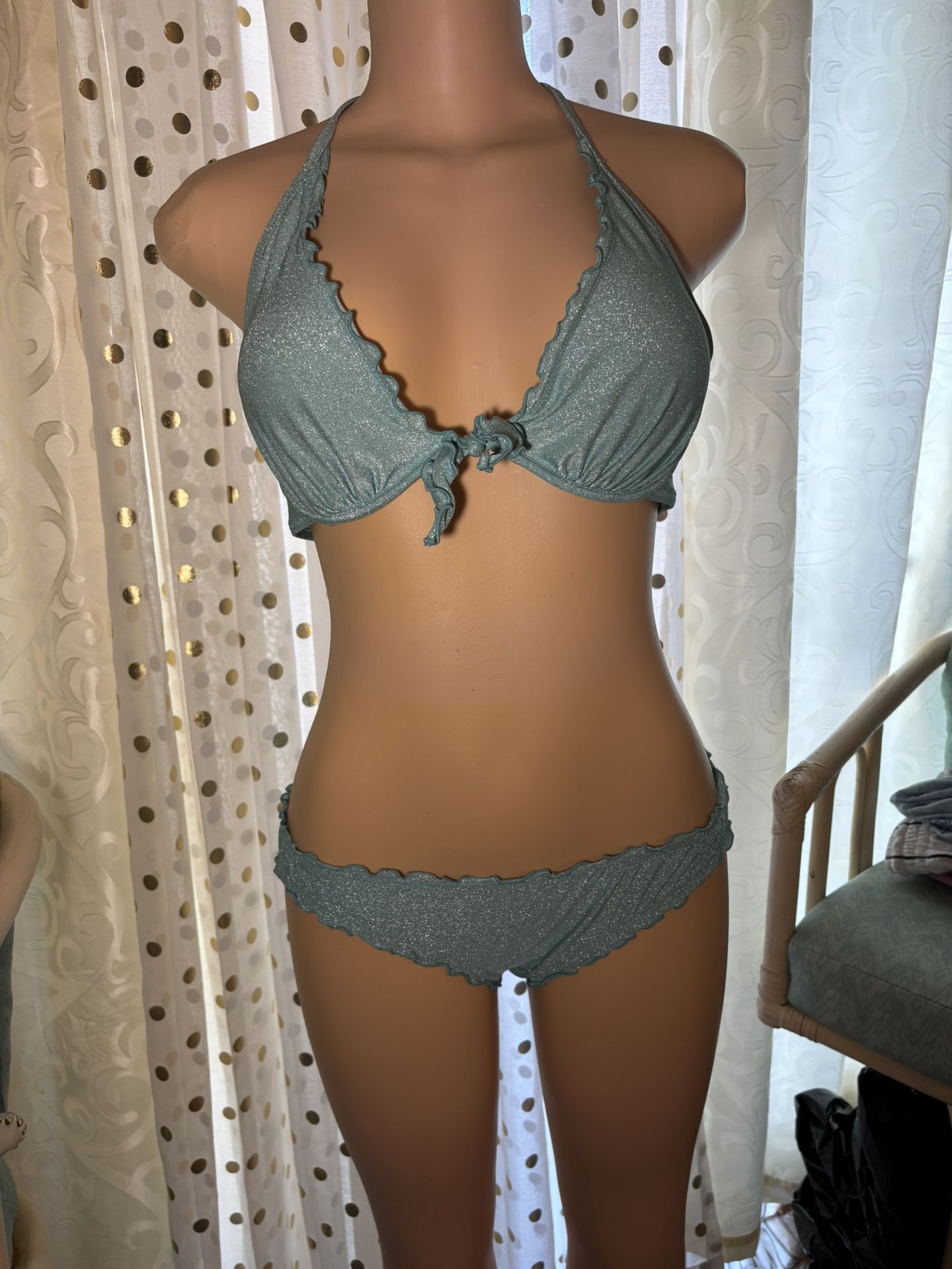 Victoria Secret Swim Bikini 36b Top Medium Bottom Blue Glitter Sparkle Ruffle