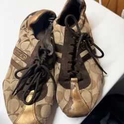 Coach Signature Canvas Lace-Up Flats Sneakers Brown Bronze