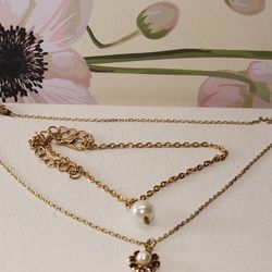 #1781, GOLD PLATED SET PEARLS & GARNET NECKLECE  8"IN (16") BRACELET 7.5"IN
