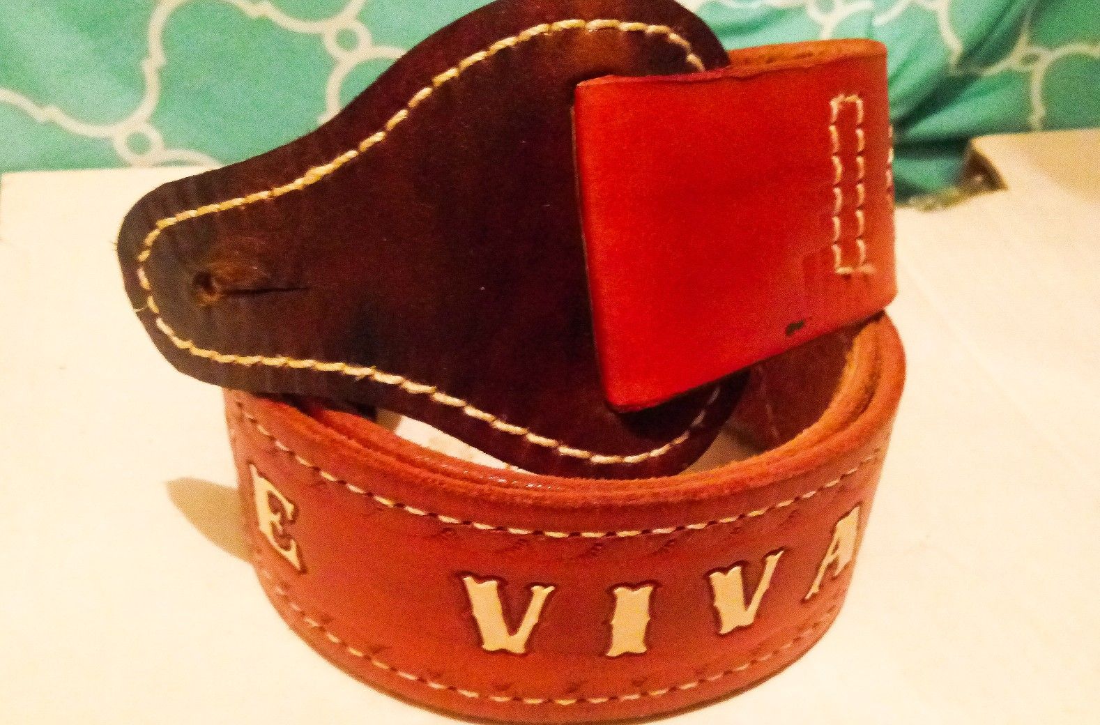 Vintage Leather Guitar Strap Mexican Spanish Que Viva La Raza