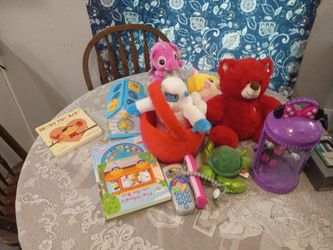 Random banay games books and stuff animals