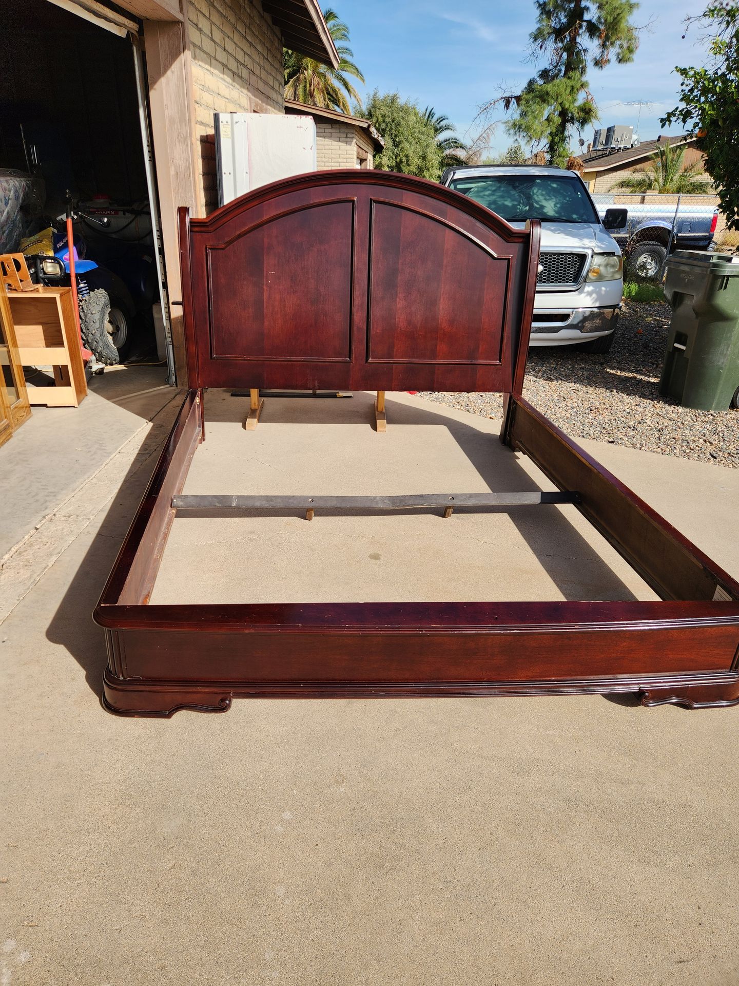 Cal-King solid wood sleigh-style bed frame, headboard, footboard, side rails