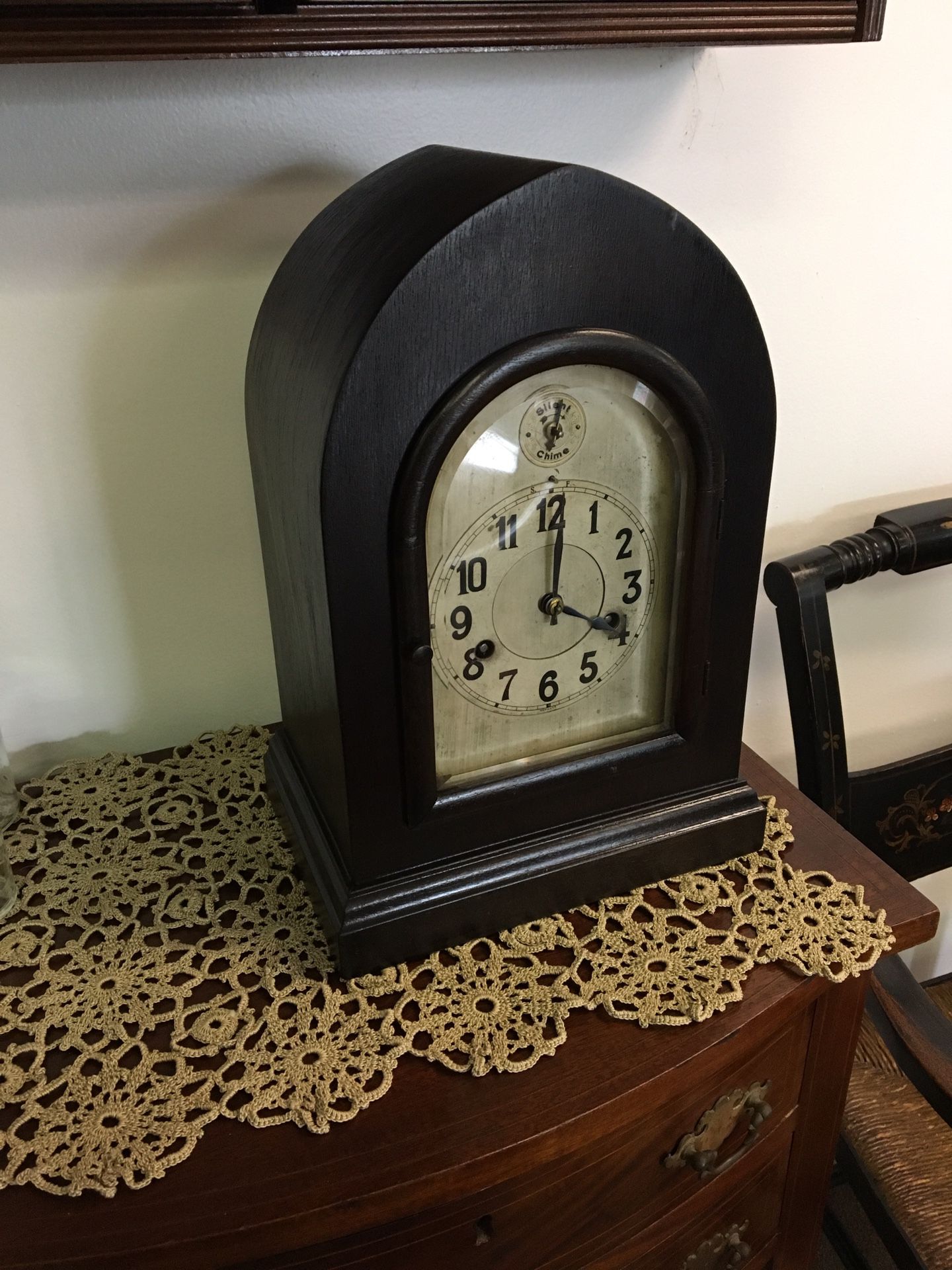 Small antique mantel clock, desk, dark finish, complete