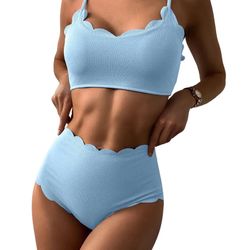 ZAFUL Women's Scalloped Textured Swimwear High Waisted Wide Strap Adjustable Back Lace-up Bikini Set Swimsuit ( Light Blue-Spaghetti Straps)