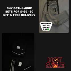 BLACK NIKE REFLECTIVE SET SIZE LARGE & LIGHT OAT ESSENTIALS SET SIZE LARGE BOTH FOR $160