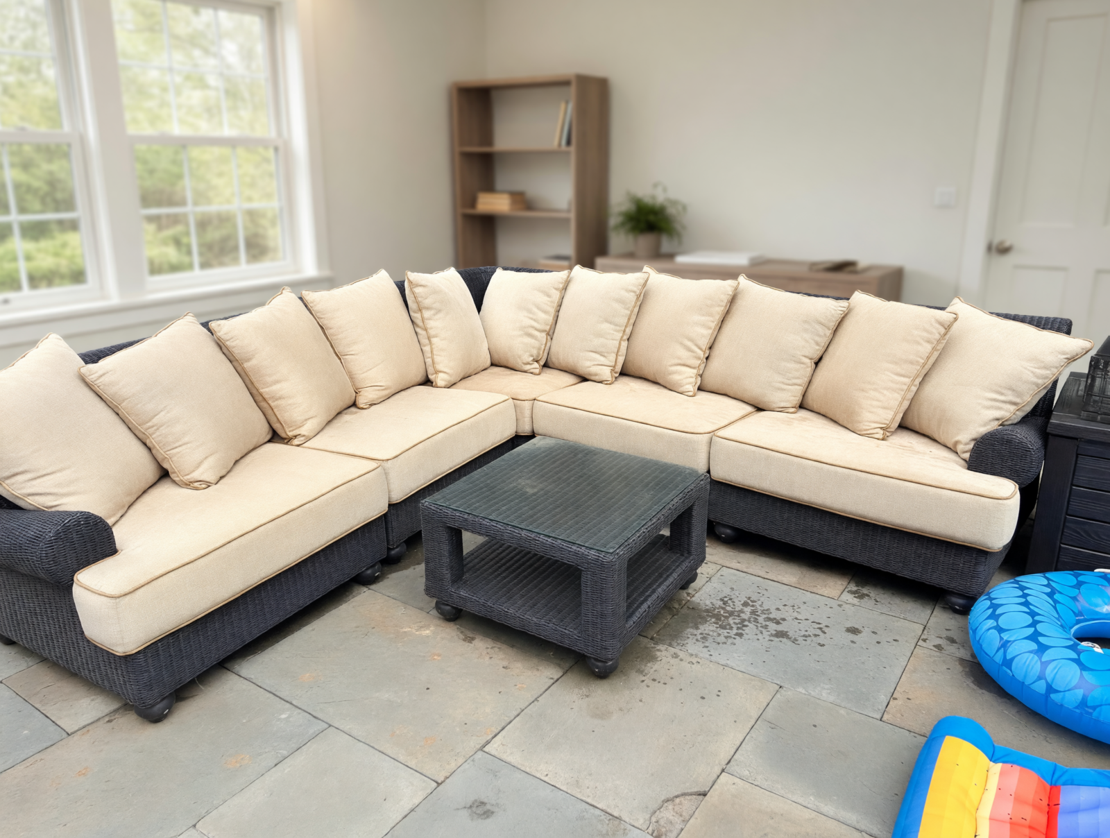 Front Gate Cast Classics Sectional – Good Condition, Black Wicker with Tan Cushions - Lloyd Harbor, NY