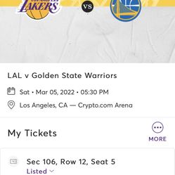 🏀🏀🔥🔥😱😱3/5 WARRIORS Vs LAKERS 👉🏻🔥FLOOR 106 Row 12 Seats 5/6👈🏻😱😱🔥🔥🏀🏀