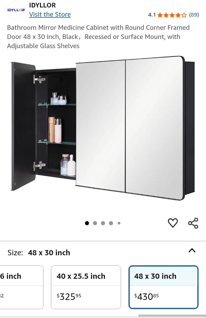 Bathroom Mirror Medicine Cabinet with Round Corner Framed Door 48 x 30 inch, Black,Recessed or Surface Mount, with Adjustable Glass Shelves
