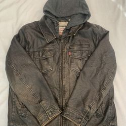 Levi Strauss Jacket Mens XL Brown Faux Leather Hooded Full Zip Pockets Casual