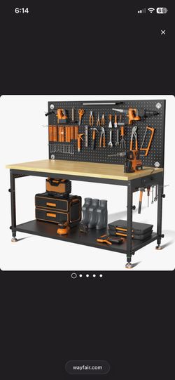 48"multifunctional Heavy Duty Workbench For Garage With Pegboard,2000lbs Load,adjustable Height,led Light