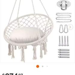Hammock Chair Macrame Swing Chair, Max 330 lbs. Hanging Chair Cotton Rope Hammock Chair Swing, Beige