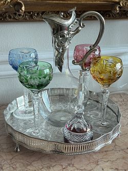 Set Of Decanter, Crystal Glasses And Silver Plate Tray