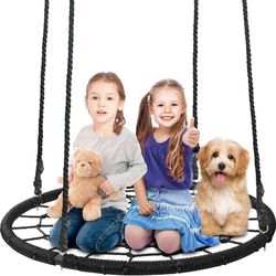 ZENY 48 Inch Spider Web Swing Tree Swing for Kids Round Swing Platform for Outdoor, Playground, Rope Swing for Tree or Swing Set, 2 Free Hanging Strap