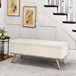 LUE BONA Modern Linen Upholstered Storage Bench with Storage Tufted Fabric Storage Ottoman for Living Room