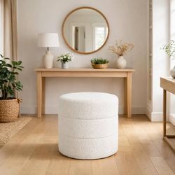 New Round Cream Colored Boucle Fabric Foot Rest