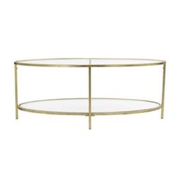 B46G Bella 46 in. Gold Leaf/Clear Large Oval Glass Coffee Table with Shelf           