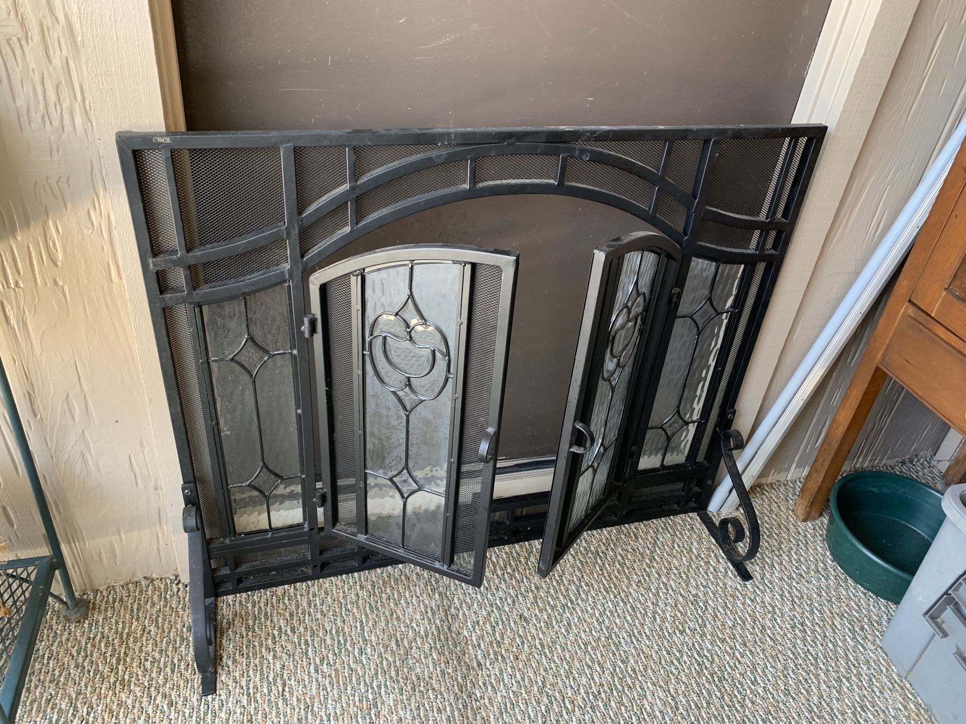 Black Iron and Glass Fireplace Screen