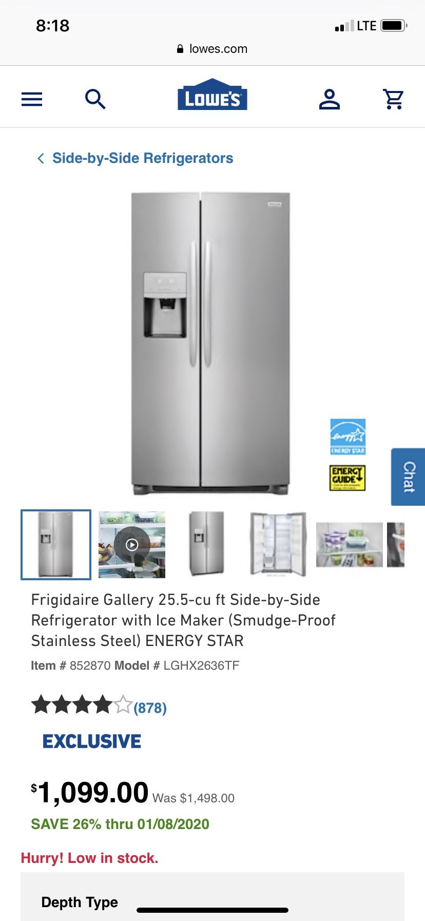 Frigidaire Gallery 25.5-cu ft Side-by-Side Refrigerator with Ice Maker (Smudge-Proof Stainless Steel) ENERGY STAR Item # 852870 Model # LGHX2636TF