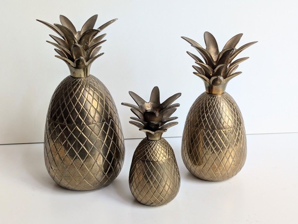 Set of 3 Vintage Brass Pineapple Candlestick Trinket Boxes