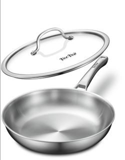 Stainless Steel Pan, 12 Inch With Lid Stainless Steel Frying Pan, Non Toxic Tri-Ply Skillet, PFOA&PTFE Free, Oven And Dishwasher Safe, Induction Compa